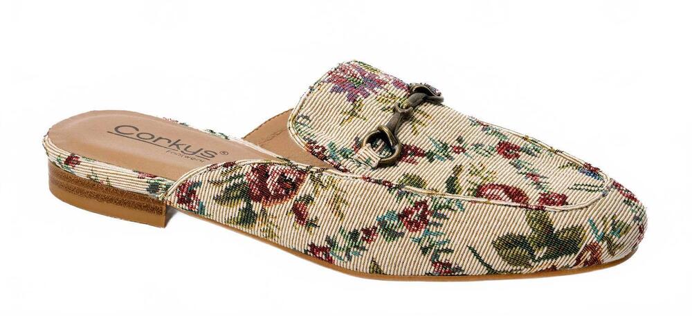 NEW HEY GIRL BY CORKYS women's charmer mules in sand brocade floral